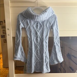 Cozy Light Blue Cable Knit Off-Shoulder Belle Sleeve Sweater Dress